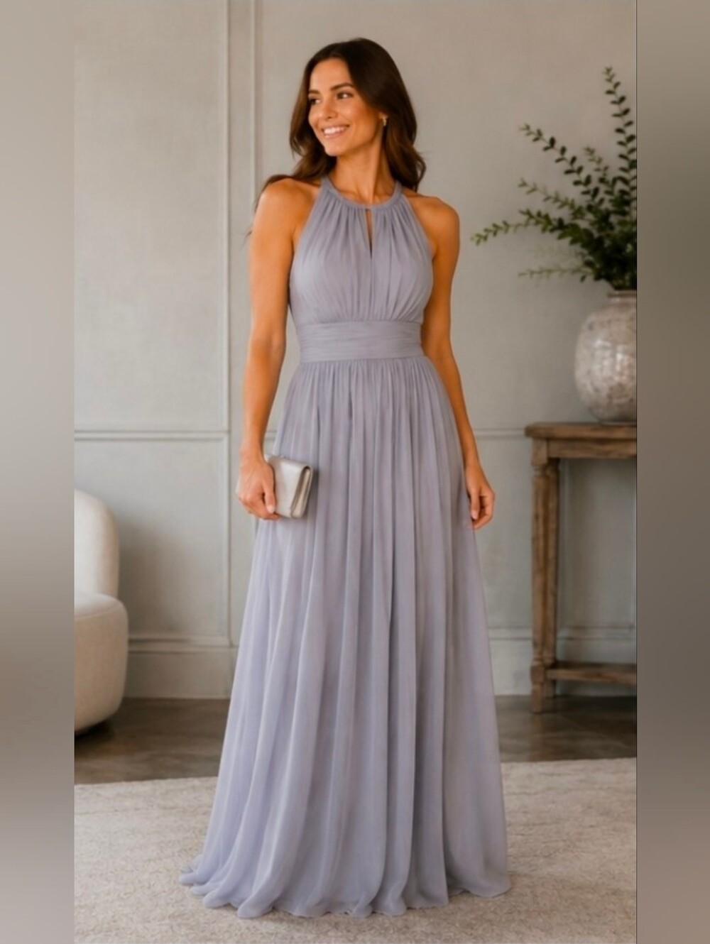 NWT After Six Platinum Gray Formal Dress, Full Length Marcaine Jersey Gown Sz 14